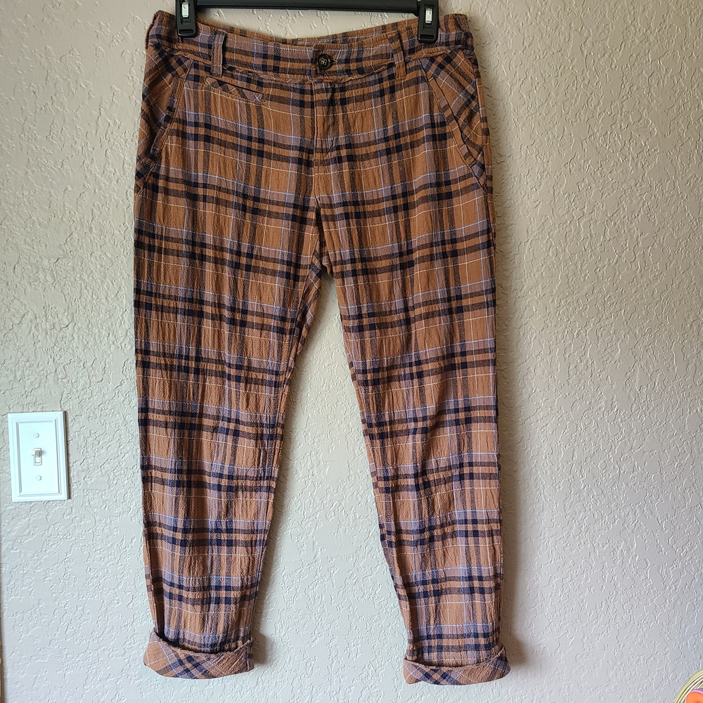 Free People Brown and Blue Chinos with Plaid Design